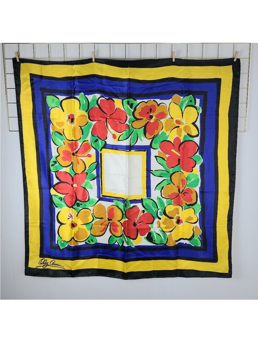 Oleg Cassini Bright Floral Abstract Print Silk Square Vintage Scarf